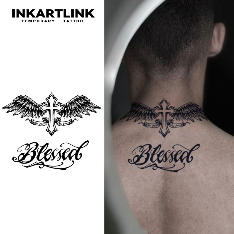 INKARTLINK Tattoo Tech,2 Sheets Extra-Large Semi Permanent Tattoo,Adult Art Design Temporary Tattoos, Lasts 1-2 Weeks, Waterproof, Realistic look, No Adhesive, No reflection (Bless Design?