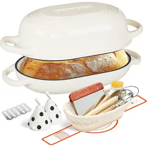 Enameled Cast Iron Dutch Oven for Bread Baking, 5QT Cast Iron Bread Oven & Meatloaf Pan with Lid, Incl. Sourdough Baking Supplies like Banneton Proofing Basket, Sourdough Baking Tools Lame, Cream White