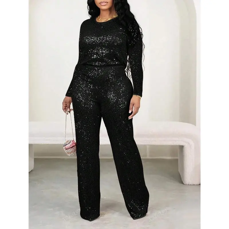 Black Sequined Crew Neck Long Sleeve Top and Pants Two-Piece Suit for Holiday Parties and Wedding Season