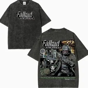 Vintage Fallout 3 New Vegas Green Wash Unisex Cotton T-Shirt Retro Gaming Tee for Gamers & Casual Wear Double-Side Washed Graphic Top Round Neck Streetwear Shortsleeve Menswear Tshirt M7X
