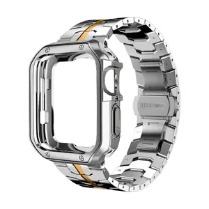 Men's Fashionable Stainless Steel Watch Band with Protective Case, Fashion Watch Band for Apple Watch Series, Smart Watch Accessories, Smart Watch Strap