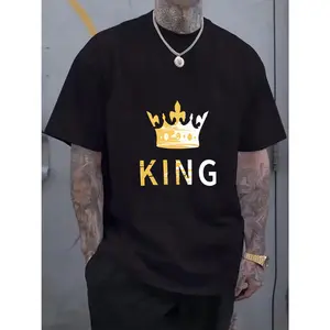 Men'S Print Trendy English Letter "King" Crown Pattern Print Round Neck Short Sleeve Shorts Two-Piece Set Cen Han Selected Summer Products