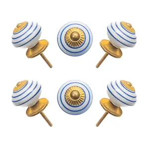Nautical Blue & White Striped Ceramic Knobs with Gold Starburst (Set of 6) - 1.5 Inch - CDNY