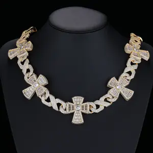 Original design cuban chain full-diamond infinity cross necklace for men, hip-hop rap ins-style accessory jewelry Copper Flower Ice Colorful