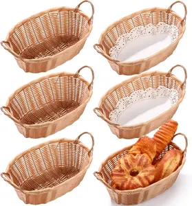 6 Pcs Oval Basket with Paper Liners 11.8 x 7.9 x 4 Inch Bread Baskets with Handles for Fruit Vegetables Restaurant Centerpiece Display