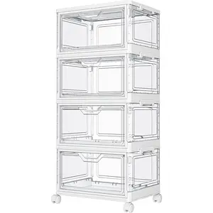 Clear Storage Bins with Lids - 4 Tier Plastic Bins with Wheels, Stackable Storage Bin, Closet Organizers Box for Bedroom, Living Room, Folding Box with Magnetic door