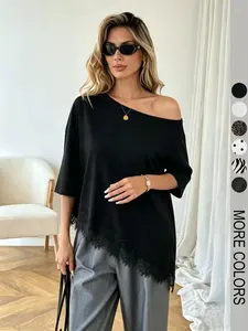 Women's Asymmetrical Hem Lace Patchwork Print T-Shirt, Casual Daily Wear, Shoulder Reveal Top, Versatile Fashion Tee