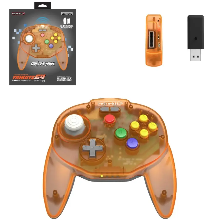 Retro-Bit Tribute 64 Wireless Controller for Nintendo 64, Switch Online, PC, MacOS, RetroPie, Raspberry Pi and Other USB Devices - Orange Hawk