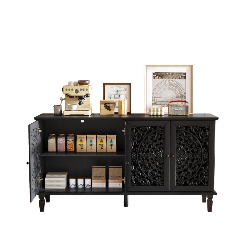 60" Antique Buffet Cabinet with Floral Carvings with Solid Wood Legs&Antique Brass Handles&Adjustable Shelves, TV Stand for 65''+ TV, Sideboard for Living Room,Dining Room (Black)