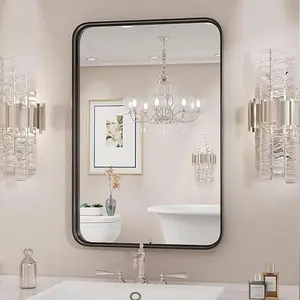 Black Metal Framed Vanity Rounded Rectangle Bathroom Mirrors for Over Sink Wall 36x24 Inch Large Matte Mirror Modern Decorative for Restroom Farmhouse Horizontally or Vertically Hanging Black Matte Framed Rectangle Mirror for Bathroom