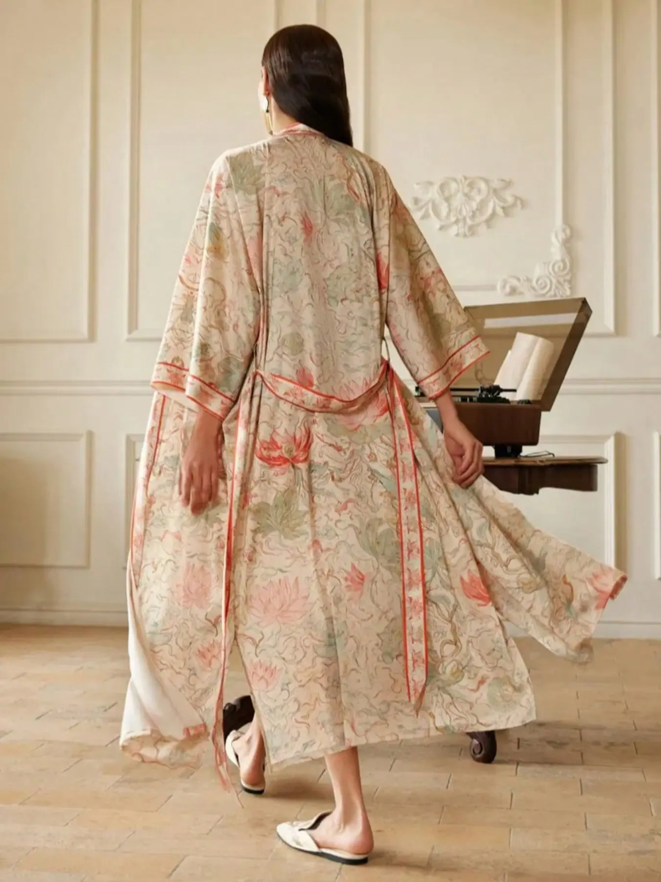 Boho Aesthetics Colorblock Floral Print Long Sleeve Bohemian Kimono Cardigan, Elegant Casual Womenswear Beach Cover-Up Jacket, Swimsuit Cover Up, Thin Windbreaker with Split Hem Pocket Home Bathrobe Robe, Loose Fit, Practical Pockets