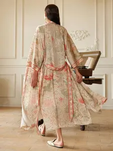 Boho Colorblock Floral Print Long Sleeve Kimono Cardigan, Elegant Casual Beach Cover-Up Jacket, Thin Windbreaker with Split Hem Pocket Home Bathrobe Robe, Loose Fit, Practical Pockets