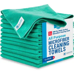 MW Pro Microfiber Cleaning Cloth | Green (12 Pack) | Size 16" x 16" | All Purpose Microfiber Towels - Clean, Dust, Polish, Scrub, Absorbent