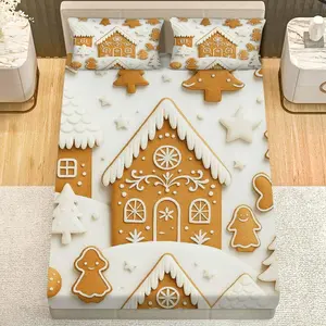 3Pcs Gingerbread Snowy Christmas Fitted sheet Three Piece Set (1*Fitted Sheet+2*Pillowcases, Coreless), Christmas theme, Festive Holiday Bedding Set, Mattress protector Soft, Breathable