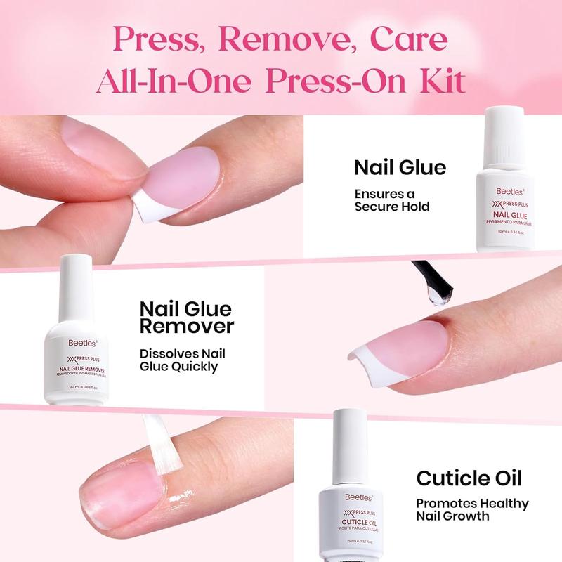 Beetles Valentine X Press Plus French Press On Nails Tips Kit, French Tip Pink Short Square Shape Natural Acrylic Nail Tips for Effortless Beauty & DIY Manicures - Frenchtipnails Spring Nail Valentine Gift Flower