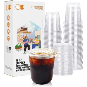 50 Pack - 12 OZ Round Bottom Plastic Cups with  and Straws, Disposable Clear Iced Coffee Cups with  for Cold Drinks and Beverages