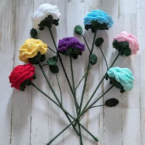 Handmade Crochet Roses 12in - Colorful Flower Design with Green Leaves, Unique Craftsmanship for Home Decor Decorative Gift Plants Valentine's Day