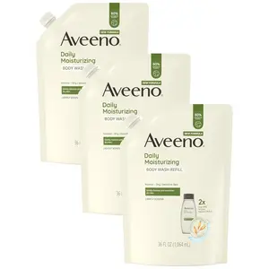 Aveeno Daily Moisturizing Body Wash for Sensitive Skin + Prebiotic Oat, Gently Cleanses, Nourishes & Feels Moisturizing Dry Skin, Light Fragrance, Refill Pouch, 36 fl. oz