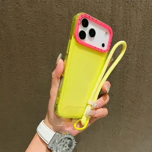 Contrast Color Wrist Strap Lanyard Case For iPhone 17 16 15 14 13 12 Pro Max Shockproof Clear Cover