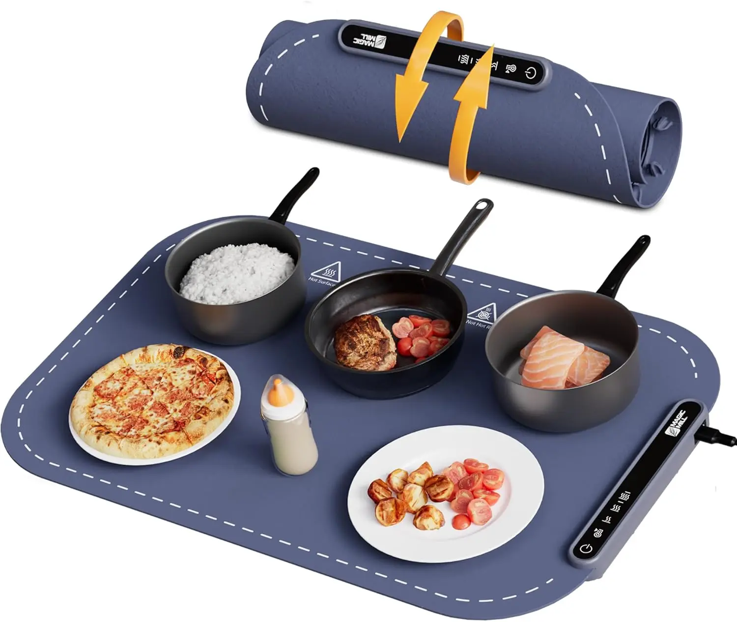 MAGIC MILL Magic Mill Food Warming Mat - 3 Heat Levels Roll-Up Design Non-Slip Feet Spill-Proof Edges Even Nano-Silicone Surface 10s Fast Heating Perfect for Parties & Home Buffets