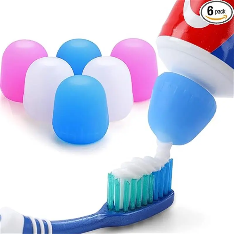 6 Pack Silcone Toothpaste Cap,  Reusable Self Closing Toothpaste Squeezer Dispenser with Organizer Box for Kids and Adults in Bathroom, Hygiene No Mess No Waste Silicone