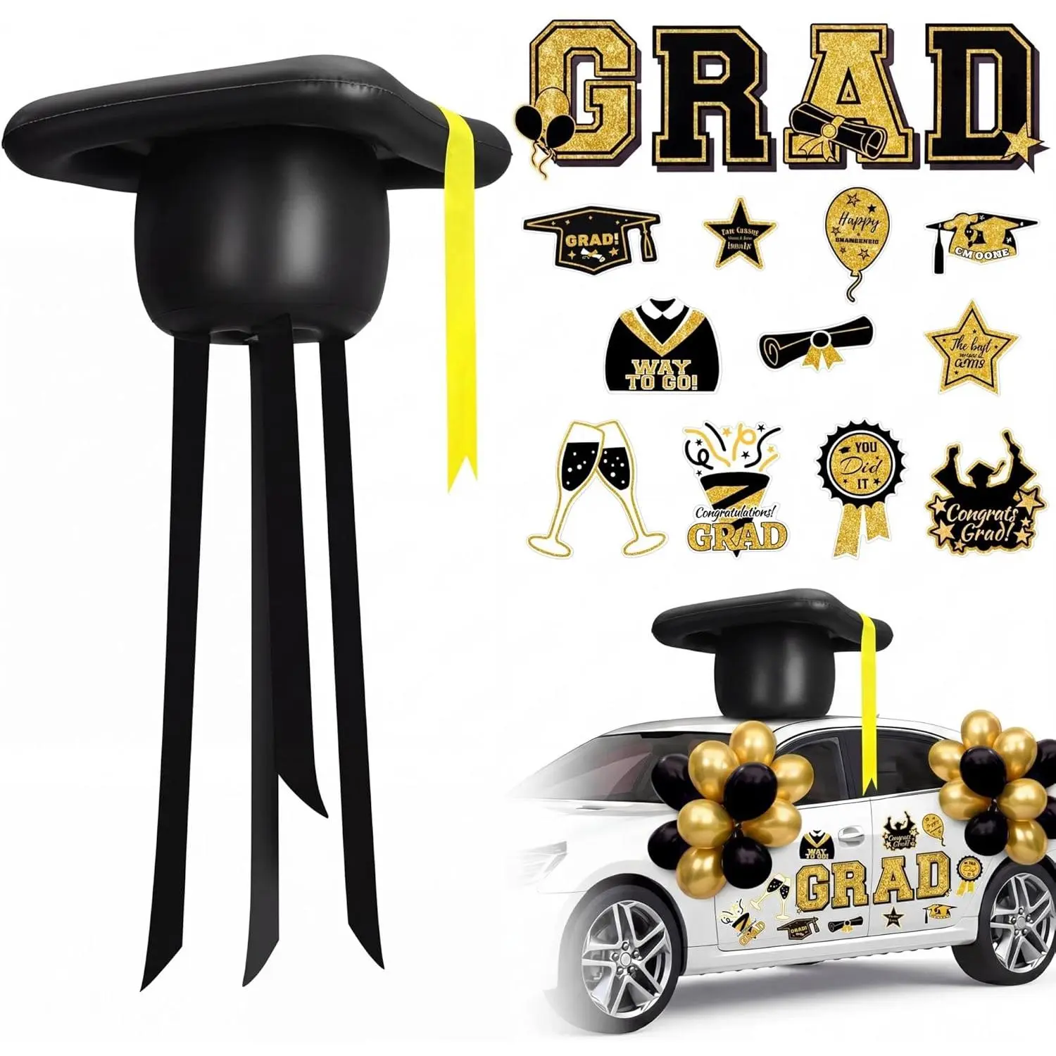Gemscream 2026 Graduation Car Magnet Decor Kit - 23-in Tall Easy-to-Inflate Grad Cap, 15 Pcs Congrats Grad Car Stickers for 2026 Graduating Class Parades (Gold and Black, High School/College Use)
