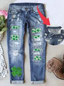 Women's Patch Ripped  Distressed Stretchy Waistband Boyfriend Unique Clover Print Mid-Waist Jeans Fitted Denim Pants Woman's Casual Daily Wear Comfy for All Season