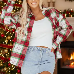 Asvivid Women's Christmas Plaid Flannel Shacket with Pockets Long Sleeve Button Down Casual Outerwear for Festive Style Womenswear Shirt Jacket Coats