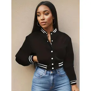 Women’s striped trim button-front cropped jacket; casual mock-neck long-sleeve outerwear with pockets; women’s jackets; ladies’ winter clothing; fitted womenswear coats; spring stretch tops; black fitted pieces