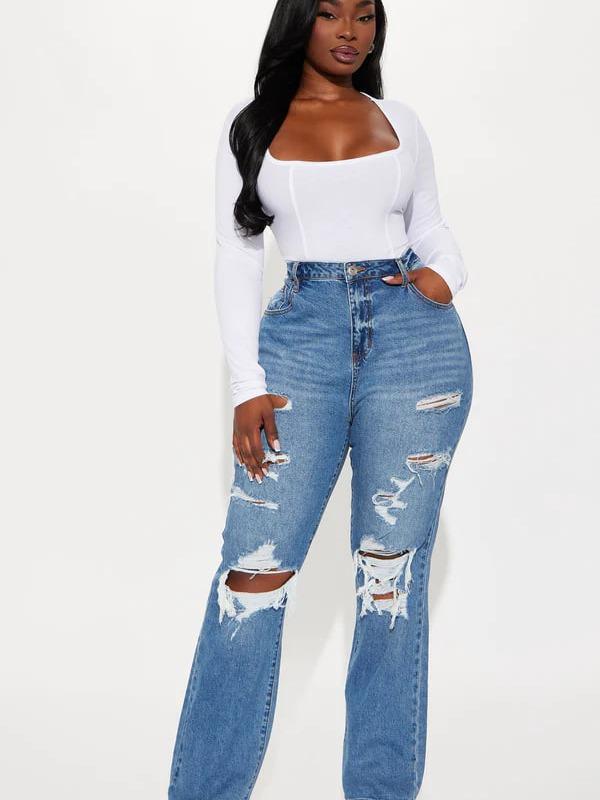 Posted Stretch Ripped Straight Leg Jeans - Medium Wash