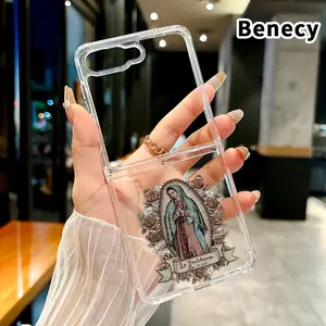 Virgin Mary Pattern Foldable Phone Case with Axis Guard and Complete Lens Protection for Z Flip 7/6/5/4 Shockproof Transparent Cover