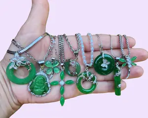 Stainless Steel Green Jade Pendant Necklace
