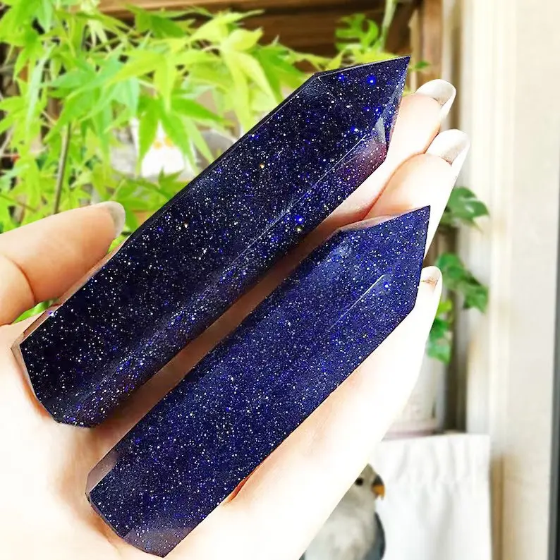 Blue Goldstone Natural Crystal Wand Obelisk Reiki Tower Point Home Office Table Ornament, Christmas gift, Crystal gift collection, Housewarming gift