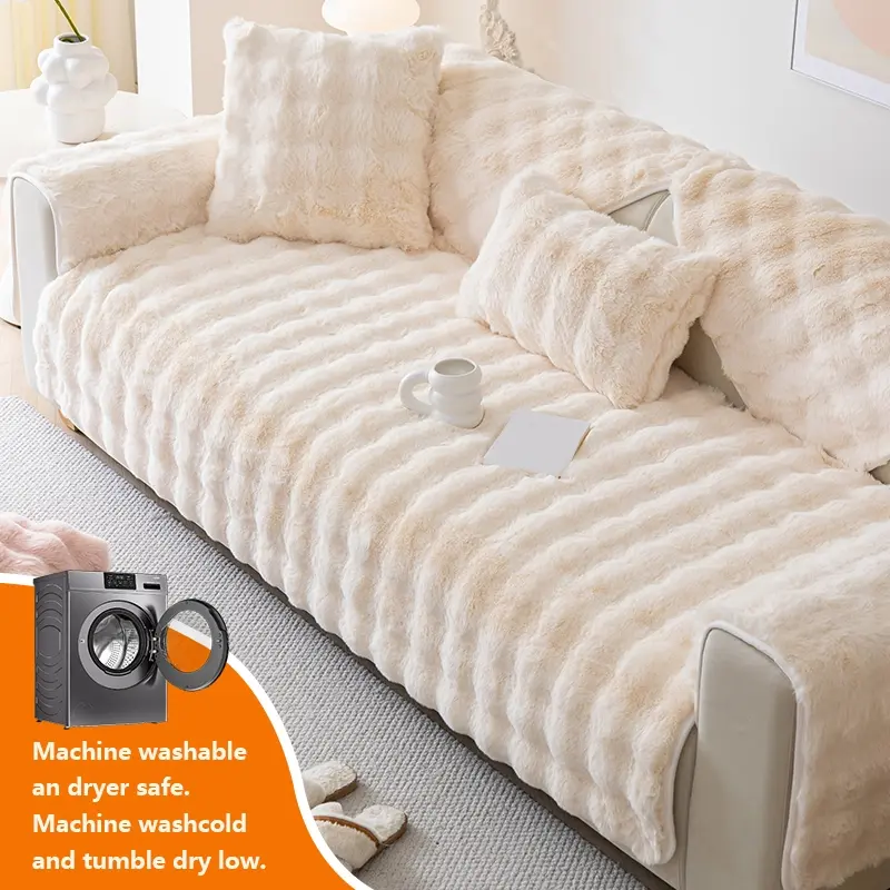 Modern Luxury Thick Faux Fur Sofa Cover, Sofa Slipcover, Fits Single to Four Seater, Warm Non-Slip Pet Friendly, Furniture Protector