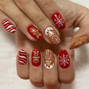 24pcs Cute Gingerbread Man Snow Cane Stripe Short Oval Nail Set, Chocolate Color Christmas Design, Perfect Fit False Nails, Easy Wear, Nail Art Diy, Fake Nails, Fake Nails Kit