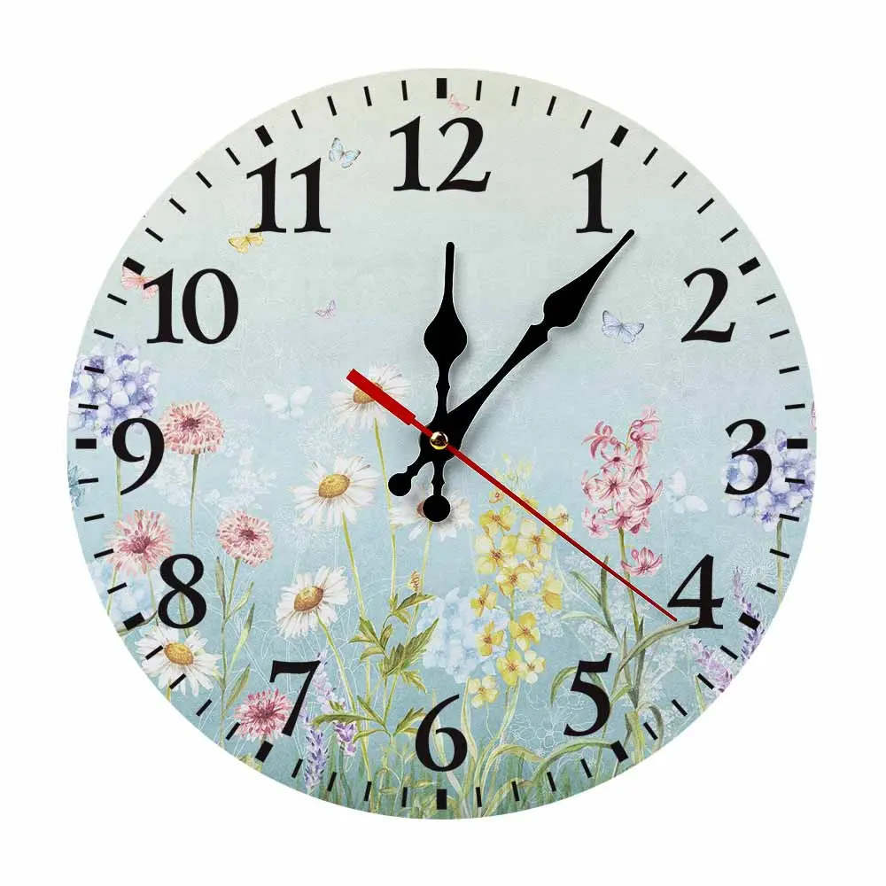 Personalized Custom Wildflower Wall Clock, Custom Photo Text Heat Transfer Wood Wall Clock Silent Quartz Movement Easy to Read Decor Hanging Clock Gift