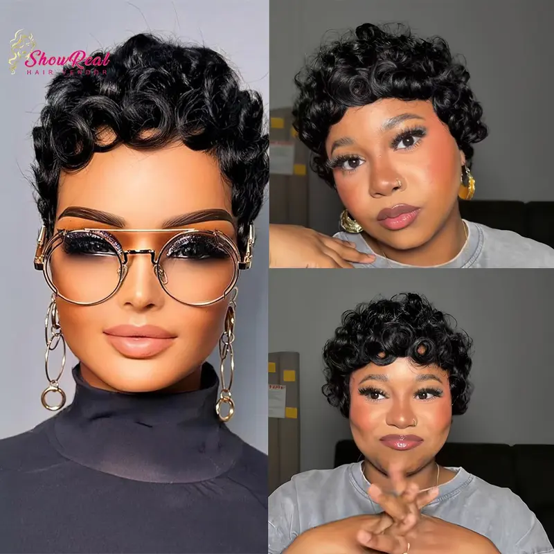 ShowRealHair 025 Pixie Cut Wigs Chioma Wig Short Curly Pin Curl Wig Various Colors Full Machine Made Wigs Glueless Wig for Black Women 180% Density Short Pixie Cut Wigs#SummerVibes