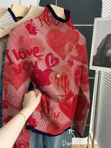 Women's Heart Print Knit Sweater, Elegant Half High Neck, Casual Commuter Style, Perfect for Spring Fall Winter, Valentine's Day Gift