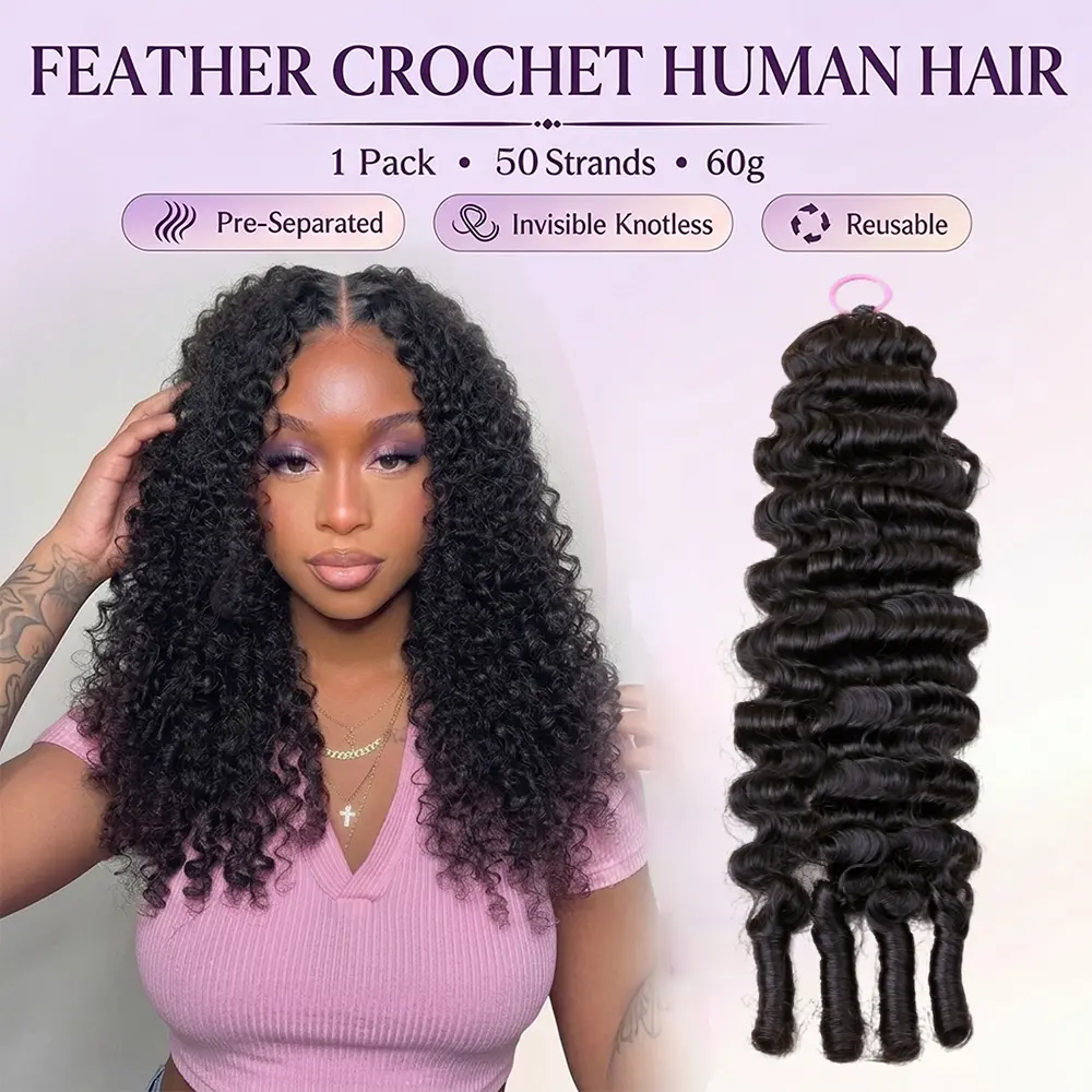 Feather Crochet Human Hair Bundles for Miracle Knots Burmese Curly Pre-Separated 60g/Pack Reusable Invisible 100% Virgin Human Hair Crochet Extensions Natural Black