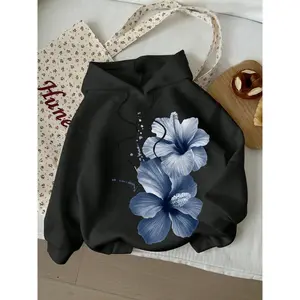 Women's Letter Floral Print Long Sleeve Casual Hoodie, Fitted Graphic Sweatshirt for Fall & Winter, Comfortable Daily Wear, Hoodie Print Flower Hoodies