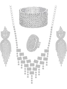 Crystal Rhinestones and Cubic Zircon Necklace, Teardrop Crystal Tassels Dangle Earrings,8 Strand Rhinestone Stretch Bracelet,Stretch Ring Jewelry Set for Wedding,Bridesmaids