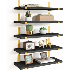Floating Black Gold Shelves Set of 5, Width 4.7 Inches, Rustic Wood Wall Storage Shelves for Bedroom, Living Room, Kitchen, Bathroom, Home Decor, Laundry Room, Office and Plants