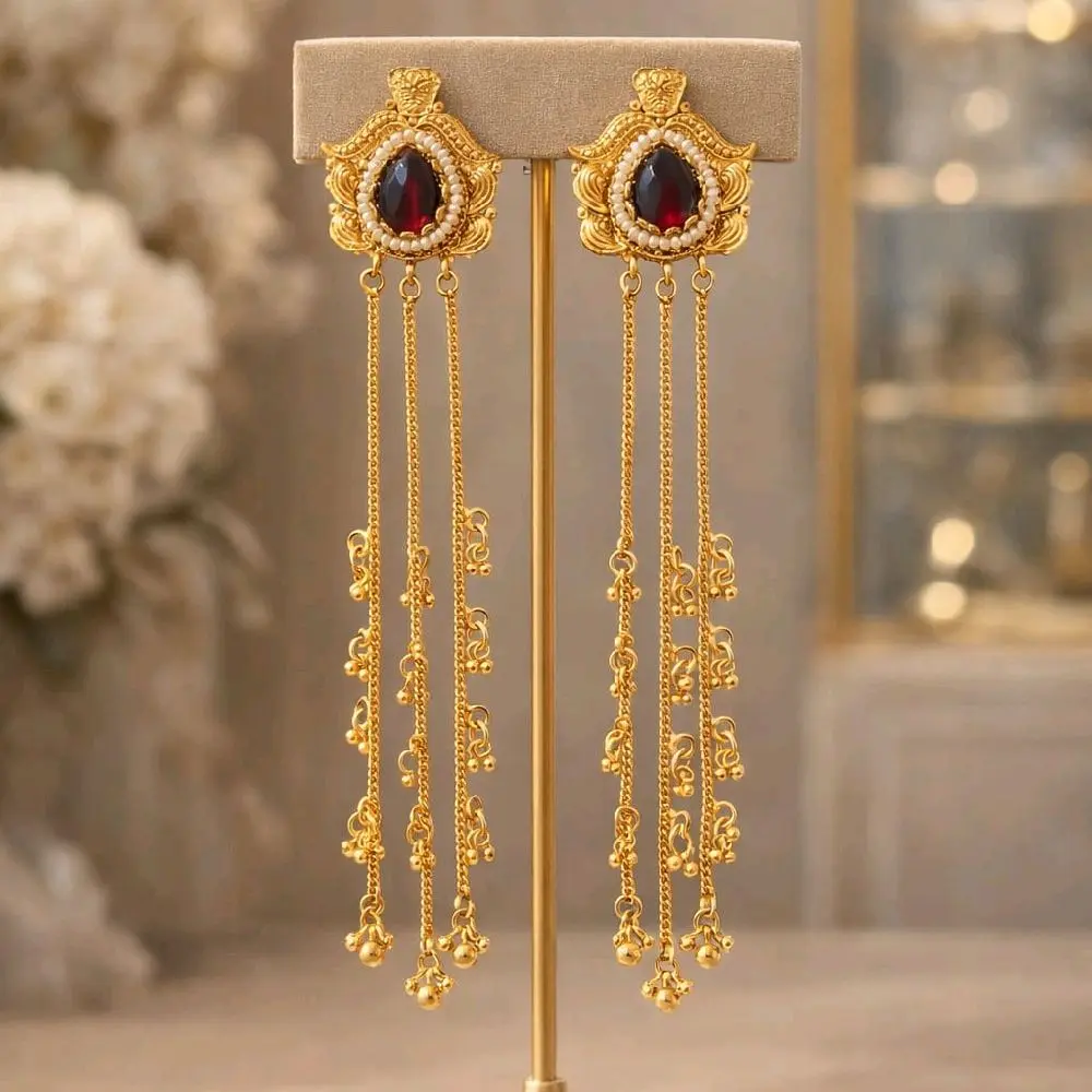 Royal Gold Plated Kashmiri Earrings with Intricate Design with RGemstone