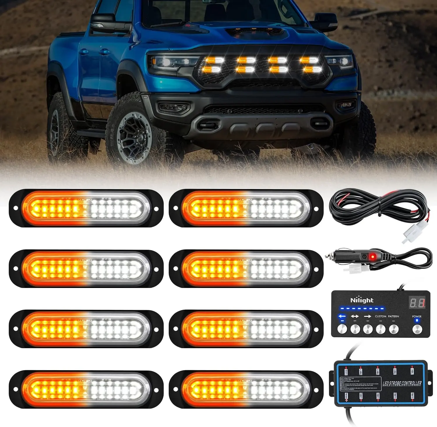 Nilight 8PCS 12-LED Aluminum Surface Mount Strobe Car Lights Kit, 12V-24V DC Sync Amber White Lights with Controller for Semi Trucks, Motorcycles, ATV (Father's Day Gift)