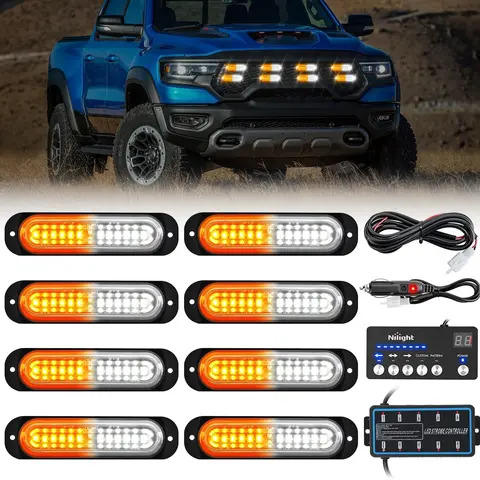Nilight 8PCS 12-LED Slim Profile Aluminum Surface Mount Automotive Car Light Kit, 12V-24V DC Sync Amber White with Sync Control, Auxiliary Safety Flashing Lights, Truck Accessories for Rear Use on Trucks & Motorcycles, Boosts Rear Visibility