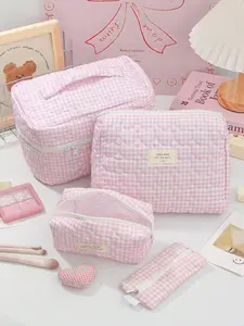 Plaid Makeup Bag, Heart Embroidery Cosmetic Organizer, Foam Quilted Mini Polka Dot Skincare Pouch, Portable Handle Washbag, Large Capacity Brush Case