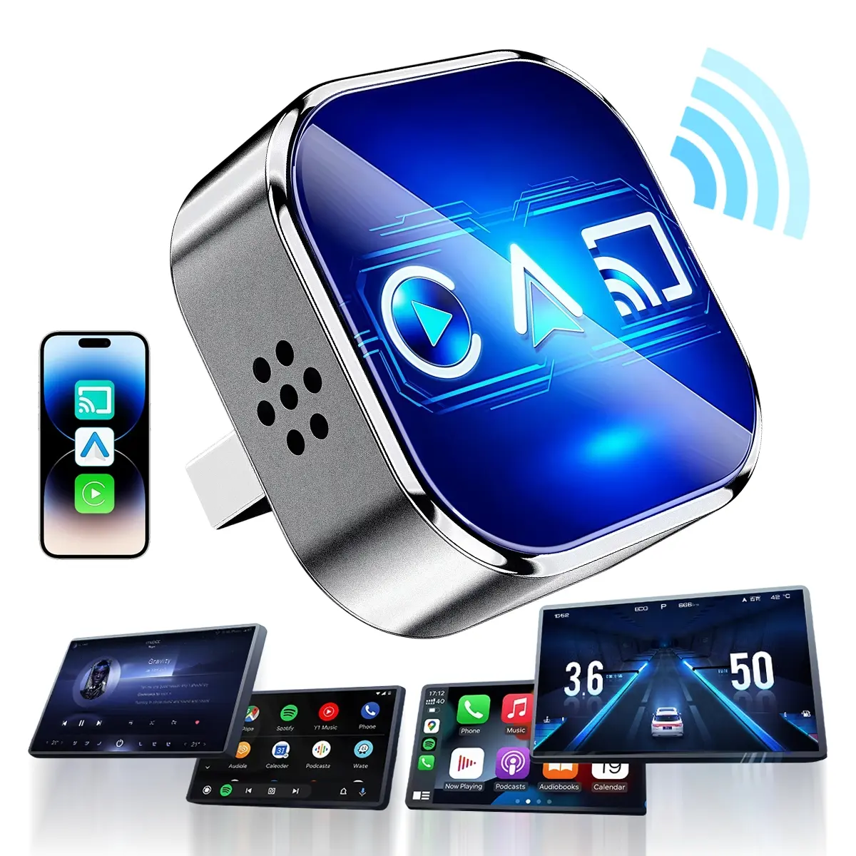 Wireless CarPlay Adapter, Upgraded Wireless Carplay, Wireless CarPlay & Android Auto Adapter, Bluetooth 5.0, 2.4G & 5G Dual Band WiFi, Plug & Play, Mirror Link, Voice Control, for iPhone iOS 10+ & Android 11+