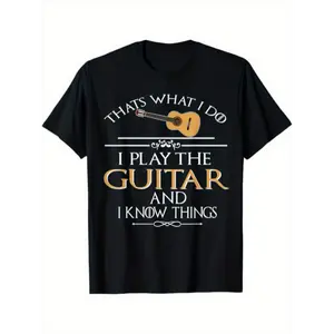 Guitar Print Men's Cotton Graphic T-shirt, Casual Short Sleeve Crew Neck Tee For Outdoor Fabric Menswear