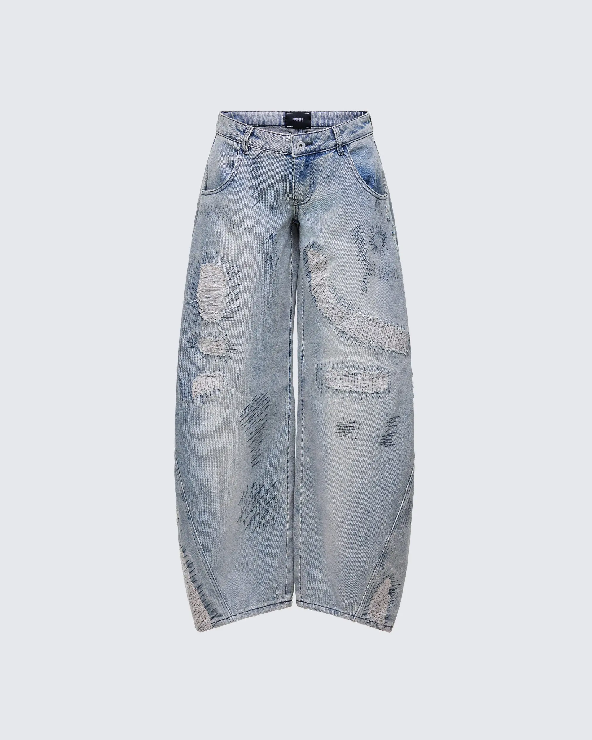 Menswear Zaid Gray Denim Sashiko-Embroidered Jeans with Traditional Geometric Patterns and Functional Pocket