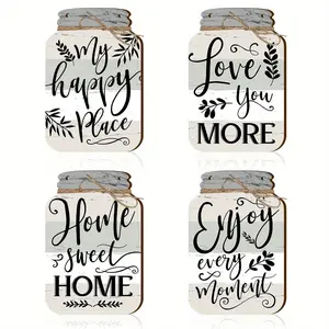 Mason Jar Design Wooden Country Wall Decor, 4 Counts/set Leaves & Letter Pattern Farmhouse Kitchen Wall Art with Twine, Home Decor for Kitchen & Living Room